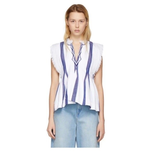 Isabel Marant Etoile White Striped Drappy Boho Vacation Blouse Size 38 Small - Picture 1 of 12